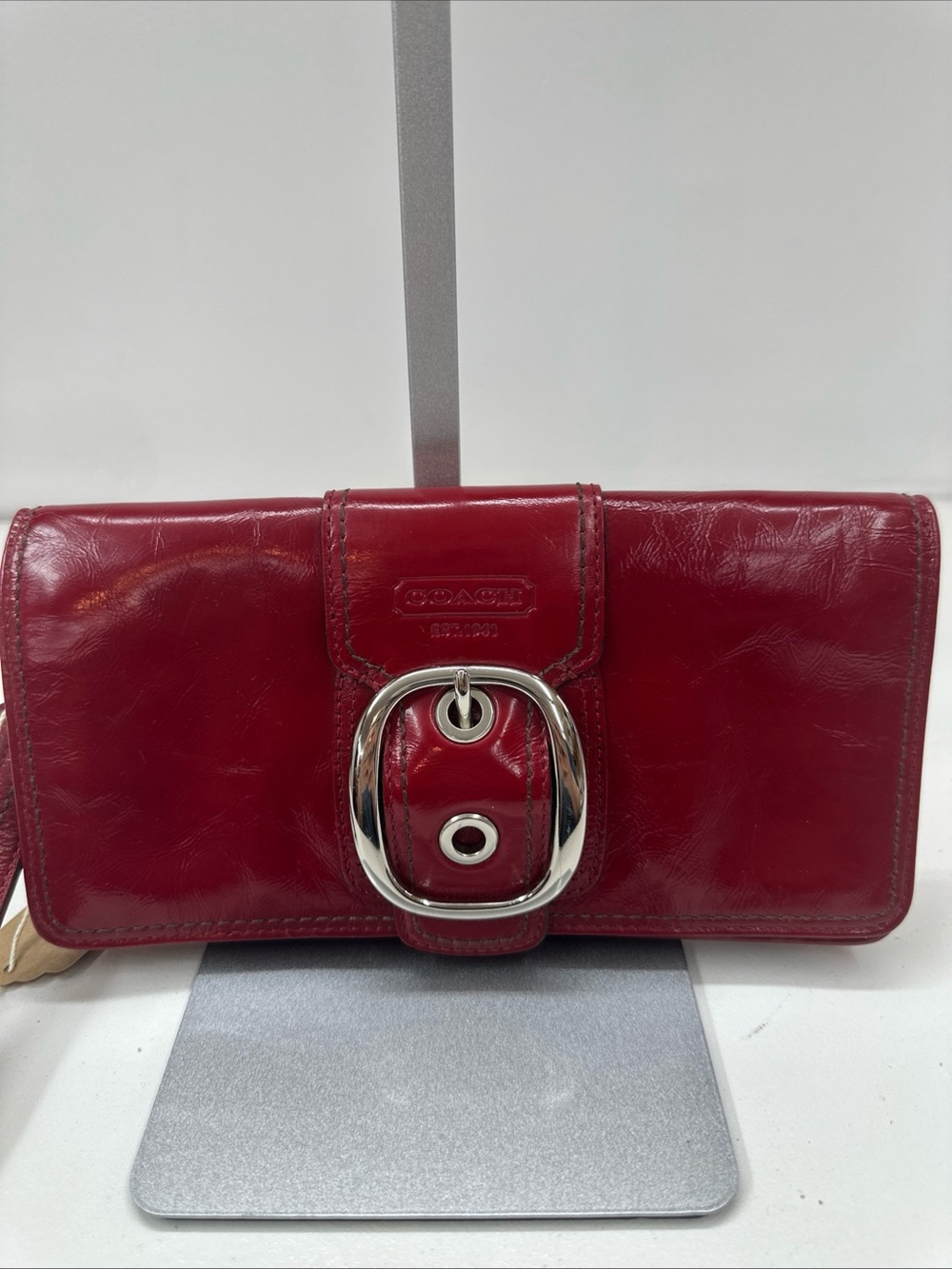 Coach Bleecker Crimson Patented Leather Buckle Wristlet Come With COA